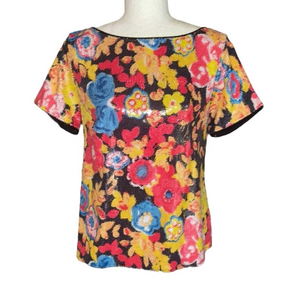 Anthropologie Eva Franco Floral Sequin Short Sleeve Top - 6